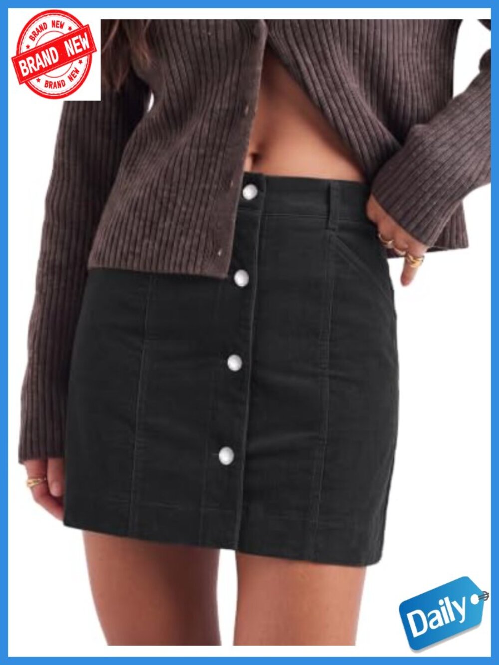 Women's Corduroy Mini Skirt High Rise Button Fly Stretchy Fall Outfit